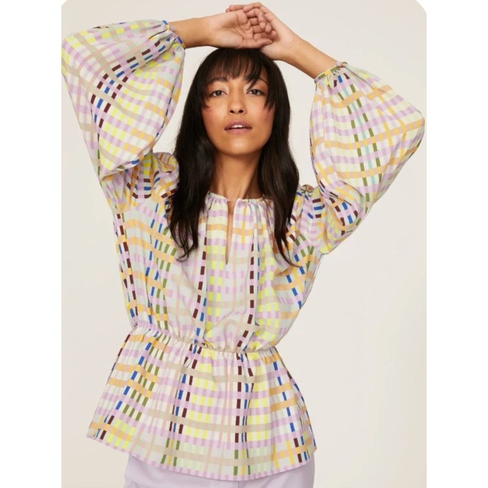 Stine Goya Karin Techno Check Medium Pastel Scandinavian Blouse Puff Sleeve